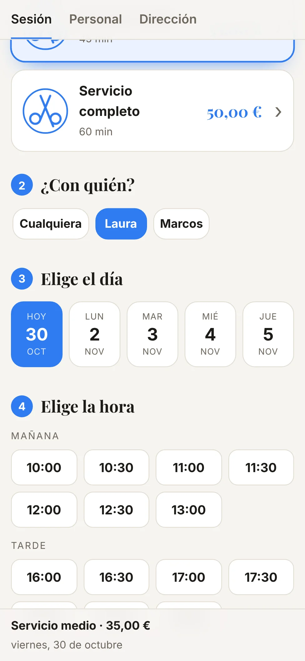 Página de reservas de ejemplo en el móvil: profesional, día y horas libres