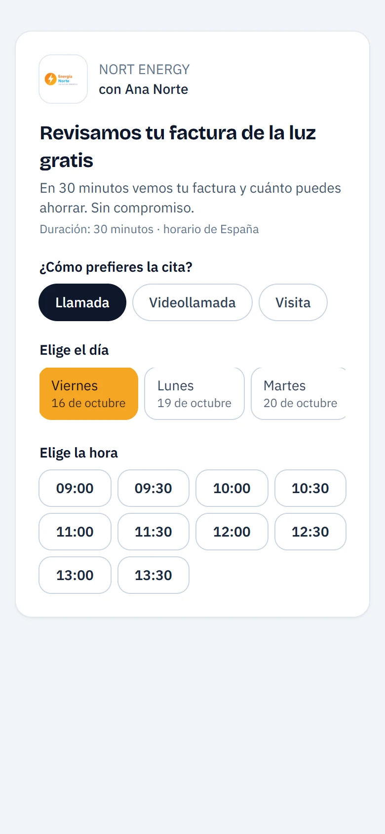 Pantalla de reserva de cita desde el móvil del cliente